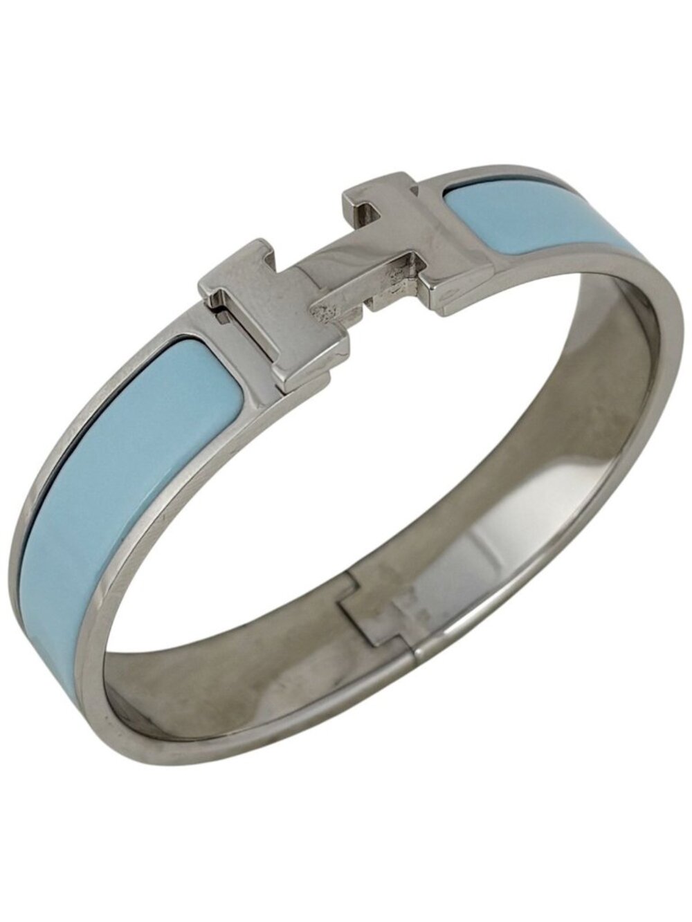 Hermes Clic Clac PM Bracelet Logo Bangle Silver Plated Light Blue